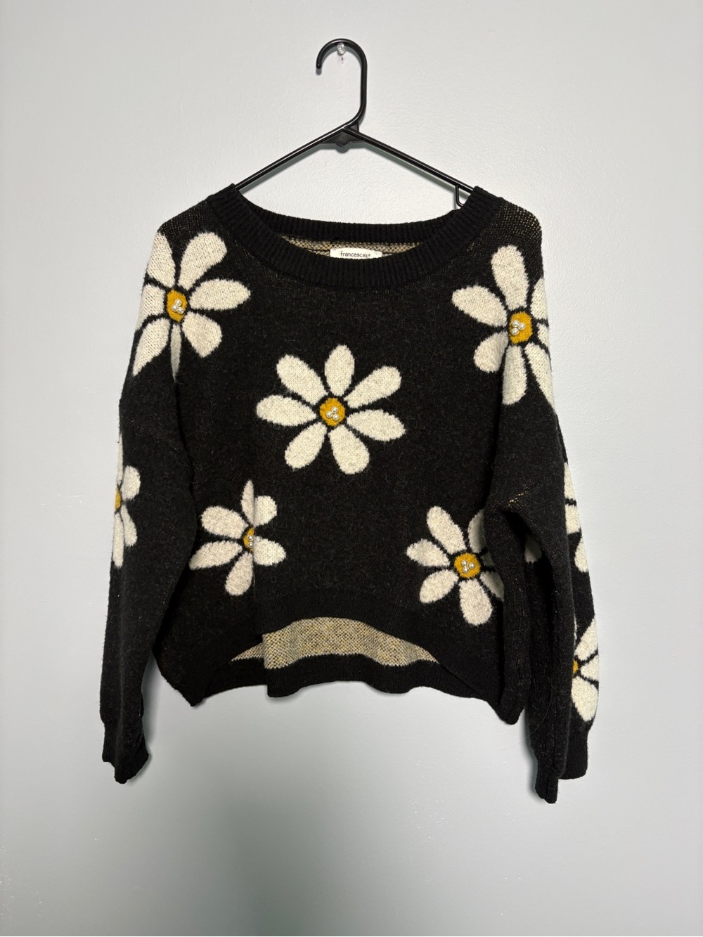 Francesca's Collections Black Daisy Crewneck Sweater with White & Yellow Accents